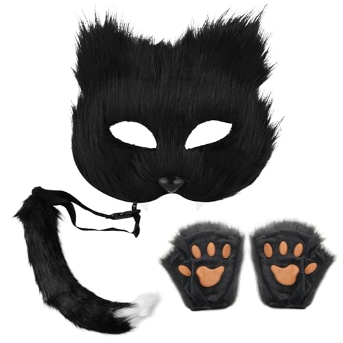 Yeory 3pcs/Set Therian Gear, Therian Maske und Tail Black, Handschuhe Set halb Gesichtsfuchsmaske Pelzige Schwanz -Cosplay -Fuchsmaske, Therian Maske von Yeory