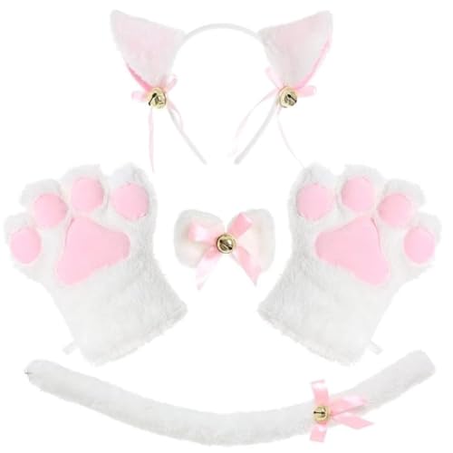 Yeory Cat Cosplay Set Plush Cat Ohrs Pfoten mit Halskette und Schwanz für Halloween -Weihnachtsfeier (weiß), Katzenhandschuhe Set von Yeory