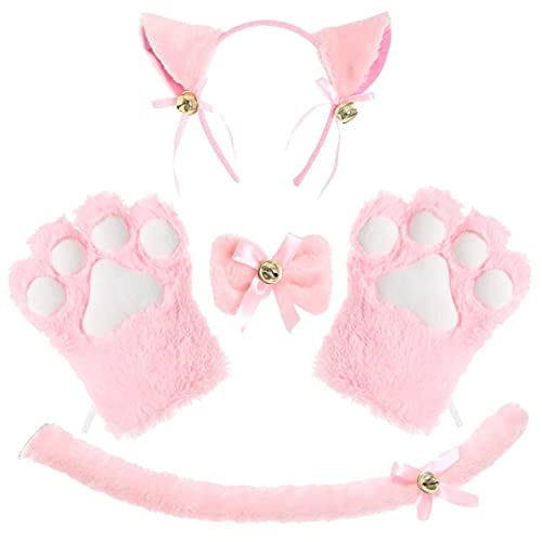 Yeory Cat Cosplay Set Plush Cat Ohrs Pfoten mit Halskette und Schwanz für die Halloween -Weihnachtsfeier (Pink), Katzenhandschuhe Set von Yeory