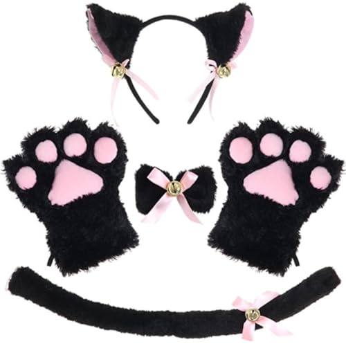 Yeory Cat Cosplay Set Plush Cat Ohrs Pfoten mit Halskette und Schwanz für die Halloween -Weihnachtsfeier (schwarz), Katzenhandschuhe Set von Yeory