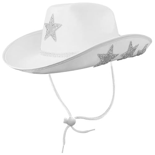 Yeory Cowgirl Hut Weißer Cowgirl Hut mit verstellbarem Riemen Strass -Stern -Disco Cowgirl Hut für westliche Party Dress Up Junggesellenhause Party Accessoires, Strass Cowgirl Hut von Yeory