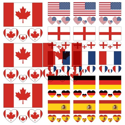 Yeory Flag -Aufkleber 18pcs Temporäres Tattoo 6 Land Flaggen 2,36 Zoll wasserdicht langlebig vorübergehend Tattoos Fußballspiel Country Sticker für Männer Frauen Kinder (Set 1) von Yeory