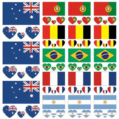 Yeory Flag -Aufkleber 18pcs Temporäres Tattoo 6 Land Flaggen 2,36 Zoll wasserdicht langlebig vorübergehend Tattoos Fußballspiel Country Sticker für Männer Frauen Kinder (Set 2) von Yeory