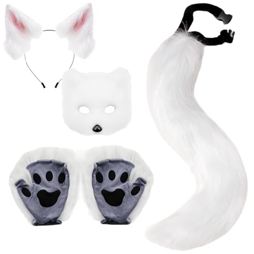 Yeory Fox -Kostüm -Set, Kunstpelz Wolf -Schwanz -Kit, Kunstfuchsohren und Schwanztherianpfoten, Maske für Erwachsene, Tierkostüm Weiß von Yeory