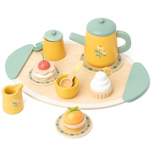 Yeory Holztee -Set, Holztee -Party -Set mit Teekanne Tee Tasse Dessertspielzeug und mehr Spielen Spielzeug Rollenspiel Spielzeug, Teeparty Set von Yeory