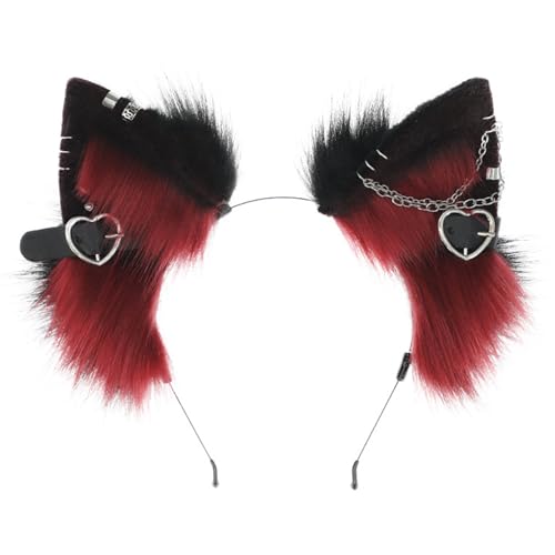 Yeory Pelzige Fuchs Wolf Ohren, 1pcs Katzenohren Stirnband, künstliches Katzenohr -Stirnband, tierisches Ohrstirnband Schwarz und Wein rot von Yeory