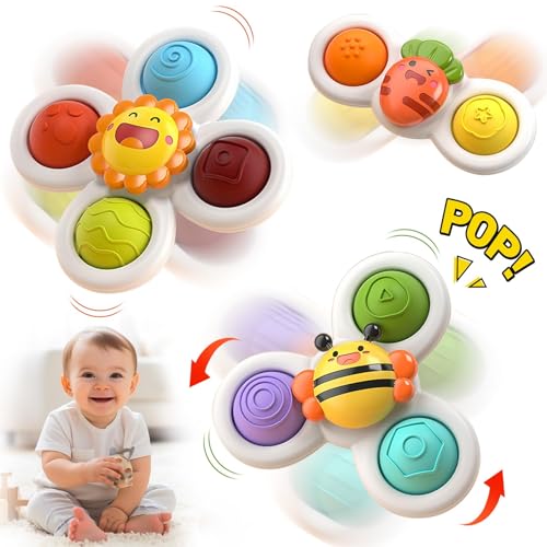 Saugnapf Spinner Spielzeug, 3 Stück Saugnapf Spielzeug Baby, Spinner mit Saugnapf, Tischspielzeug Baby Saugnapf, Sensorik Spielzeug für Baby von Yestree