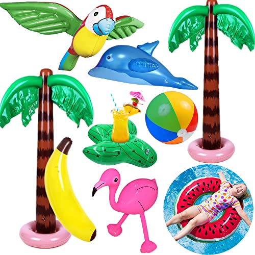 Yetech Aufblasbare Palmen Baum Strand Spielzeug Set, 9PCS Aufblasbare Palmen Flamingo Spielzeug,90 cm Wassermelone Aufblasbarer Schwimmring,Fliegen Papagei Delphin ,Hawaii Party Deko Beach Backdrop von Yetech