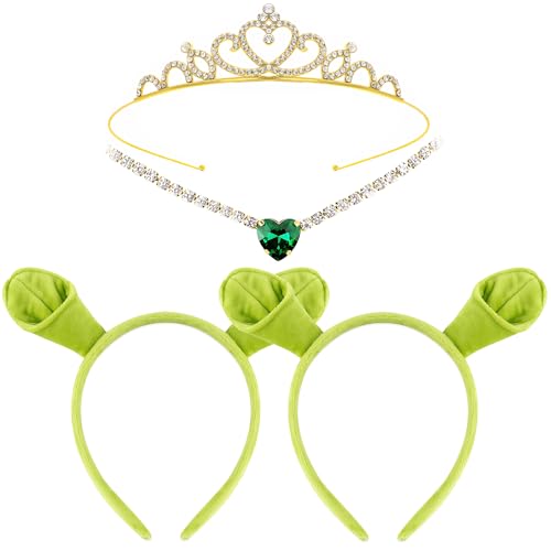 Yezmo 4PCS Grün Oger Ohren Stirnband Set, Ogress Kostüm Zubehör mit Monster Stirnbänder Krone und Halskette für Halloween Cosplay Dress up Party von Yezmo