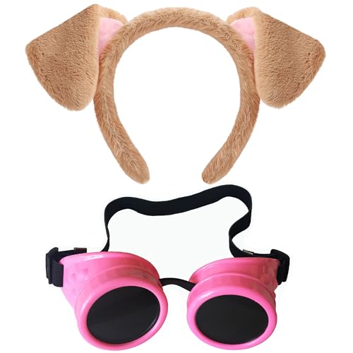 Yezmo Braune Hundeohren Stirnband Rosa Steampunk Brillen Set, Cartoon Welpenohren Kostüm Zubehör für Frauen Mädchen für Cosplay Dress up Party von Yezmo