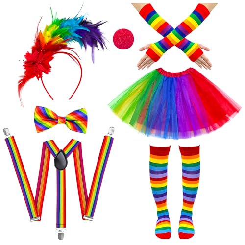 Yezmo Karneval Regenbogen Kostüm Clown Kostüm Damen, Regenbogen-Tutu-Rock Zirkusclown Gestreifte Mit Feder Haarreif Riemen Kniestrümpfe Beinwärmern Mit Riemen Für Mottoparty Yezmo Karneval Regenbogen Kostüm Clown Kostüm Damen, Regenbogen-Tutu-Rock Zirkusclown Gestreifte Mit Feder Haarreif Riemen Kniestrümpfe Beinwärmern Mit Riemen Für Mottoparty von Yezmo