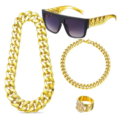 Yfenglhiry 1/4/5 Stück 80er/90er Jahre Hip Hop Kostüm Kit Cool Rapper Outfits Zubehör Hut Kette Armband Sonnenbrille Ringe Hip Hop Kostüm Kit 80er 90er Rapper Zubehör von Yfenglhiry