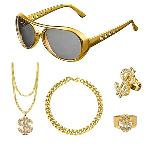 Yfenglhiry 1/4/5 Stück 80er/90er Jahre Hip Hop Kostüm Kit Cool Rapper Outfits Zubehör Hut Kette Armband Sonnenbrille Ringe Hip Hop Kostüm Kit 80er 90er Rapper Zubehör von Yfenglhiry