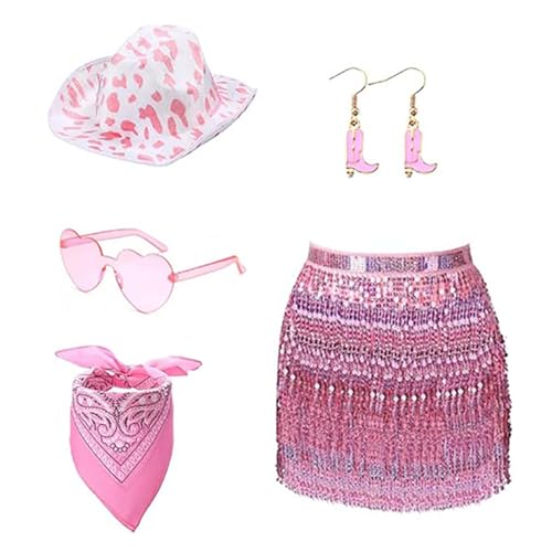 Yfenglhiry 80er Jahre Damen Kostüm Set Lady Accessoires Bandana Ohrring Sonnenbrille Western Cowgirl Hut Erwachsene Rockstars Cooles Outfit von Yfenglhiry