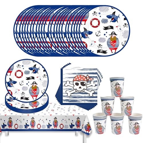 Piraten Partygeschirr Set, Piratenschiff Party Pappteller mit Tischdecke Pappteller Becher Servietten,Kindergeburtstag Deko Pappteller Set für Babydusche Geburtstagsparty(16 Gäste) von Yhjxly