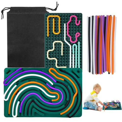 Yhjxly Sensory Activity Board für Kinder,Grüner Silikon Sensorik Fidget Spiel Toys für Stress Angst,Silent Sensory Board für Adhs Autismus,Mit Tragbarer Reisetasche und 20 Schnüren von Yhjxly