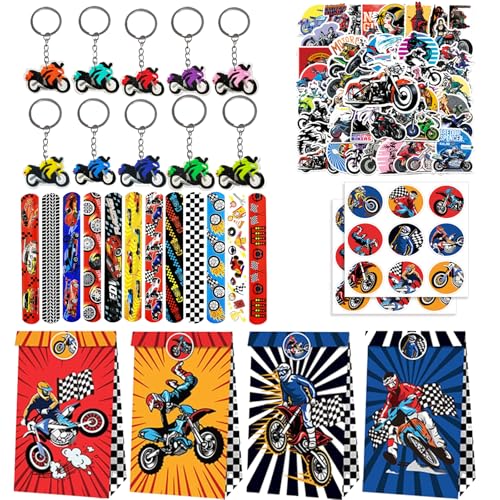 Yhjxly 84 Stück Motorrad Party Mitgebsel Set,Motocross Thema Kinder Geburtstag Party Geschenk mit Schlüsselanhänger Geschenktüten Aufkleber,Racing Car Kinder Junge Geburtstags Party Gastgeschenk von Yhjxly