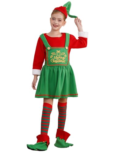 Yhong 4Pcs Kinder niedlich Weihnachten Elf Kostüm Set mit Elfhut Strümpfe Schuhe Mädchen Elfen-Outfit Wichtel für Weihnachts Halloween Party rot grün 110 von Yhong