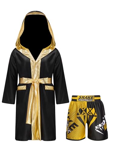 Yhong Champion Boxer Kostüm Jungen Muay Thai Boxermantel mit Kapuze + Gürtel + Thaiboxen Shorts Bühnenauftritt Karneval Halloween Cosplay Kostüm B4 170 von Yhong