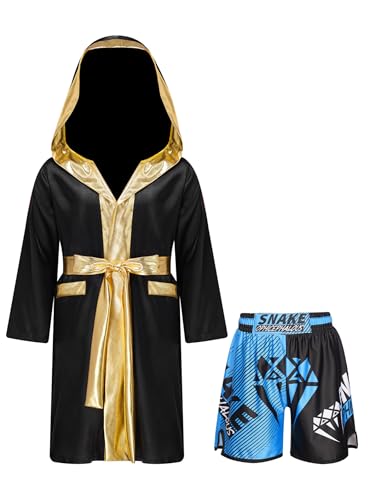 Yhong Champion Boxer Kostüm Jungen Muay Thai Boxermantel mit Kapuze + Gürtel + Thaiboxen Shorts Bühnenauftritt Karneval Halloween Cosplay Kostüm B5 170 von Yhong