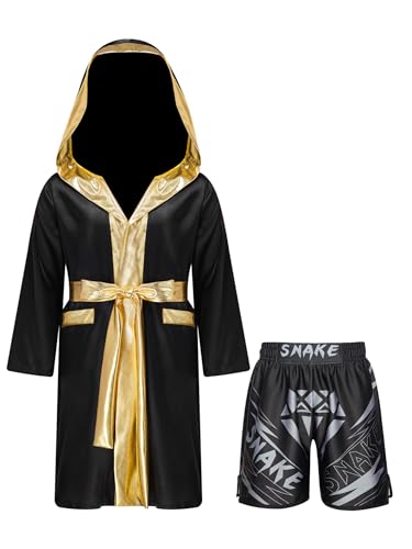 Yhong Champion Boxer Kostüm Jungen Muay Thai Boxermantel mit Kapuze + Gürtel + Thaiboxen Shorts Bühnenauftritt Karneval Halloween Cosplay Kostüm B6 170 von Yhong