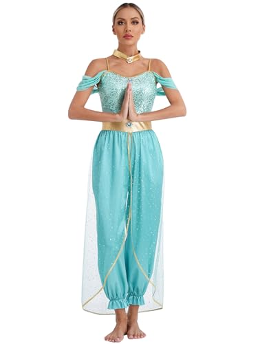 Yhong Damen Bauchtänzerin Kostüm Erwachsene Araber Jasmin Prinzessin Ärmellos Pailletten Indische Tanzkostüm Halloween Weihnachten Karneval Verkleidung Türkis 3XL von Yhong