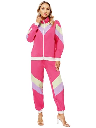 Yhong Faschingskostüme Erwachsene Zweiteiliges Langarm Jacke hose Set 80er 90er Jahre Disco Trainingsanzug Gruppenkostüm Karneval Kostüm Hot Pink M von Yhong