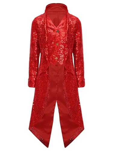 Yhong Kinder Junge Mittelalter Pailletten Frack Smoking Anzugjacke Langarm Steampunk Jacke Halloween Karneval Party Cosplay Kleidung Rot 158-164 von Yhong