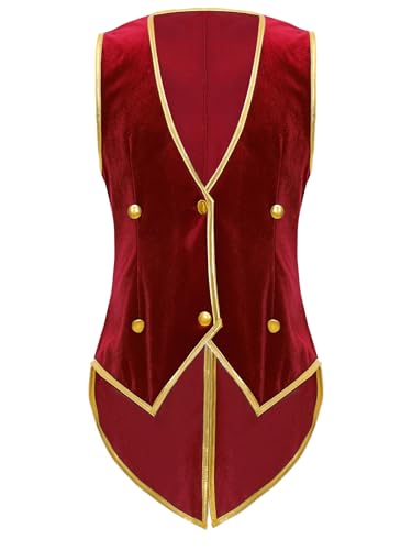 Yhong Kinder Junge Retro Mittelalter Weste Samt Frack Gentleman Smoking Weste Ärmellos Steampunk Jacke Halloween Karneval Party Cosplay Kleidung Rot 134-140 von Yhong