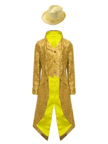 Yhong Kinder Jungen Pailletten Smoking Mantel Frack Jacke mit Pailettenhut Karneval Disco Zirkus Kostüm Party Festival Karneval Festzug Outfit Gold 122-128 von Yhong