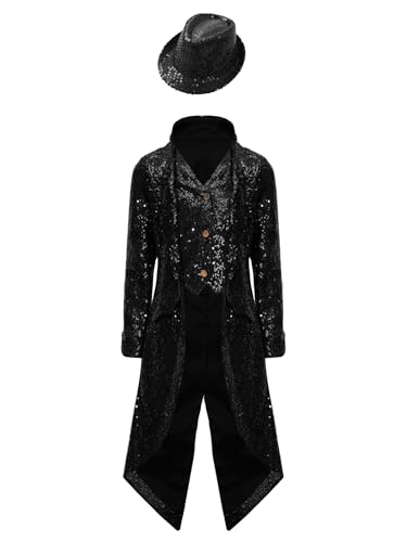 Yhong Kinder Jungen Pailletten Smoking Mantel Frack Jacke mit Pailettenhut Karneval Disco Zirkus Kostüm Party Festival Karneval Festzug Outfit Schwarz 170 von Yhong