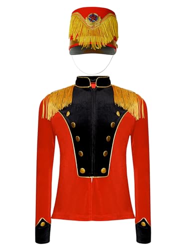 Yhong Kinder Zirkusdirektor Kostüm Langarm Zirkus Jacke Smoking Mantel mit Hut Fasching Cosplay Party Bühnenauftritte Verkleidung Rot Schwarz B 110-116 von Yhong