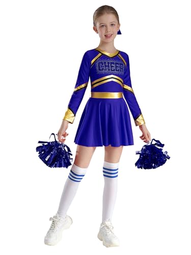 Yhong Mädchen 4tlg Langarm Cheerleading Uniform Outfits Cheer Kleid mit Pompoms Harrband Strümpfe Kinder Halloween Cheer Leader Kostüm Blau 110-116 von Yhong