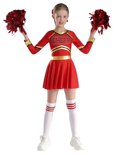 Yhong Mädchen 4tlg Langarm Cheerleading Uniform Outfits Cheer Kleid mit Pompoms Harrband Strümpfe Kinder Halloween Cheer Leader Kostüm Rot 110-116 von Yhong