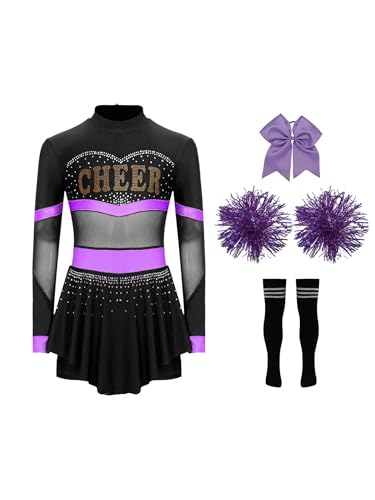 Yhong Mädchen Langarm Cheerleading Uniform Outfits Cheer Kleid mit Pompoms Harrband Strümpfe Kinder Halloween Cheer Leader Kostüm Lila B 122-128 von Yhong