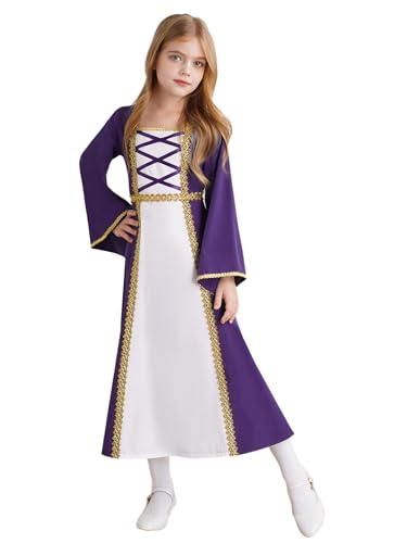 Yhong Mädchen Mittelalterliche Renaissance Kleid Prinzessin Kleid mit Glockenärmel Vintage Retro Maxikleid KInder Halloween Fasching Kostüm Dunkelviolett 134-140 von Yhong