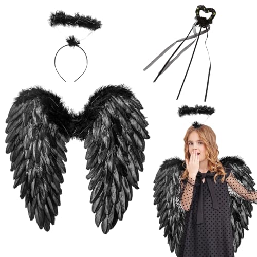 45cm Engelsflügel Schwarz, Engel Flügel mit Heiligenschein, Gefallener Engel mit Zauberstab, Engel und Teufel Flügel Kostüm Damen, Kostüm Engel für Party Fasching Deko von Yi'antai