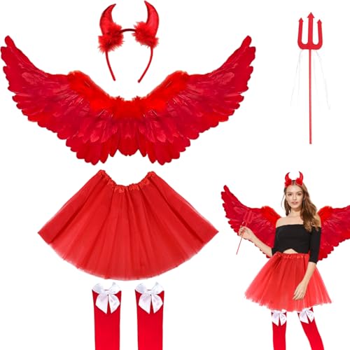 5 Stück Engel Kostüm Damen Set, 80CM Engelsflügel Rot Erwachsenes, Engel Teufel Kostüm Damen, Engelsflügel Rot mit Tütü Rock, Devil Headwear und Kniestrümpfe, Fasching Verkleidung von Yi'antai