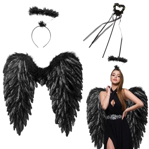 60cm Engelsflügel Schwarz, Engel Flügel mit Heiligenschein, Gefallener Engel mit Zauberstab, Engel und Teufel Flügel Kostüm Damen, Kostüm Engel für Party Fasching Deko von Yi'antai