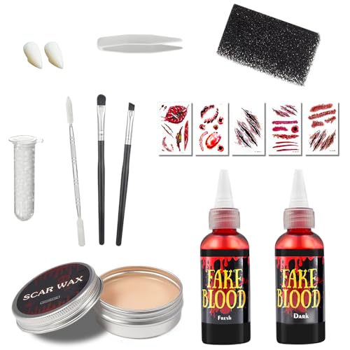 Kunstblut Halloween Schminke, Halloween Spezialeffekt Gesicht, 60ml Frisches Blut Spray, Makeup Haut Wachs, Spatula Tool, Vampirzähne, Make-up-Pinsel und Schwämme, 5 Realistisch Wunden Narben von Yi'antai