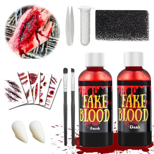 Kunstblut Halloween Schminke, Halloween Schminke Set, 60ml Künstliches Frisches Blut, 60ml Dunkelrotes TheaterBlut, Vampirzähne, Make-up-Pinsel und Schwämme, 5 Realistisch Wunden Narben von Yi'antai