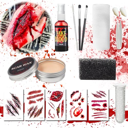 Kunstblut Halloween Schminke, Halloween Spezialeffekt Gesicht, 60ml Frisches Blut Spray, Makeup Haut Wachs, False Bandage, Spatula Tool, Vampirzähne, Make-up-Pinsel und Schwämme, 5 Wunden Narben von Yi'antai