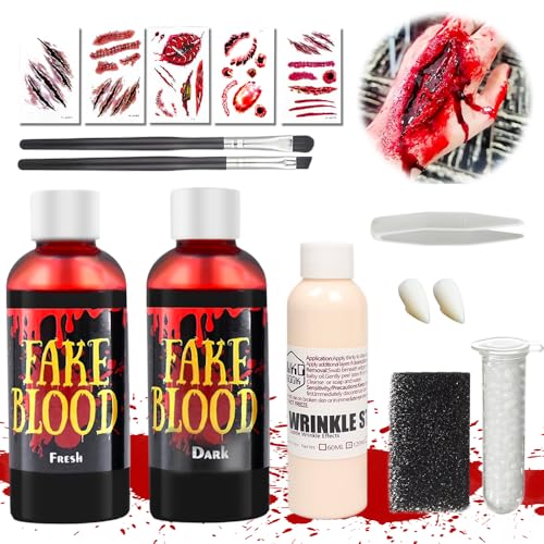 Kunstblut Halloween Schminke, Halloween Schminke Set, 60ml Künstliches Frisches Blut, 60ml Dunkelrotes TheaterBlut, 30ml Latexmilch, Vampirzähne, Make-up-Pinsel und Schwämme von Yi'antai