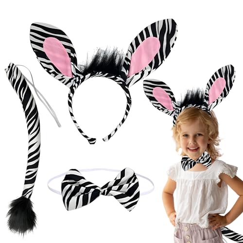 Yi'antai 3 Teilig Zebra Kostüm Set, Zebraenohren Haarreif, Tier Zebra Stirnband Fliege,Zebra Schwanz, Zebra Kostüme für Kinder für Karneval Cosplay von Yi'antai