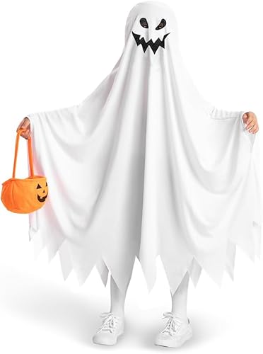 Yi'antai Geist Halloween Kostüm Kinder, Weiß Geisterumhang Kinderkostüm, Halloween Geister Kostüm und Kürbis Tasche, Weißes Kinder Geister Kostüm für Halloween Süßes oder Saures von Yi'antai