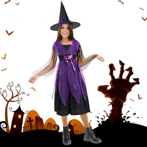 Yi'antai Halloween Hexenkostüm Mädchen, Hexenkleid Kinder, Kinder Zauberer verkleiden, Hexe Kostüm, Karneval Fasching Bekleidung, Mädchen Halloween Fasching Karneval (Lila) von Yi'antai