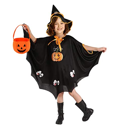 Yi'antai Halloween Kostüm Kinder, Fledermaus Umhang Kostüm, Fasching Kostüme Hexenkostüm Kürbis, Wizard Cape Witch Umhang mit Hut und Kürbis Candy Bag, Geeignet für Höhe 90-150cm von Yi'antai