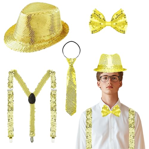 Yi'antai Herren Glitzer Bekleidung,Glitzer Outfit Herren,Glitzer Accessoires Herren,Glitzer Kostüm Herre mit Glitzer Fliege,Pailletten Hosenträger krawatte,Herren Pailletten Zylinder Hut (Gold) von Yi'antai