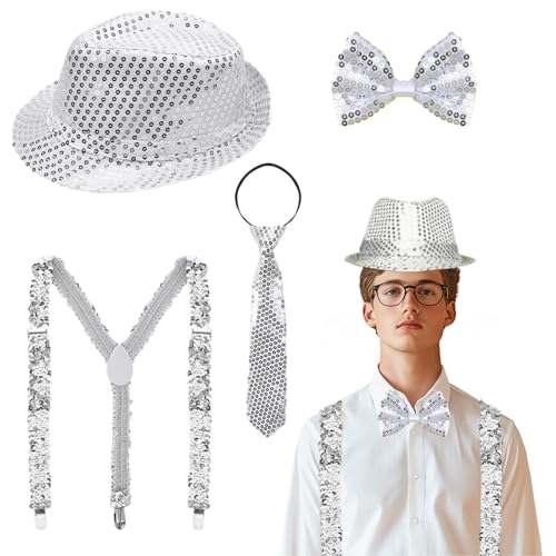 Yi'antai Herren Glitzer Bekleidung,Glitzer Outfit Herren,Glitzer Accessoires Herren,Glitzer Kostüm Herre mit Glitzer Fliege,Pailletten Hosenträger krawatte,Herren Pailletten Zylinder Hut (Silber) von Yi'antai