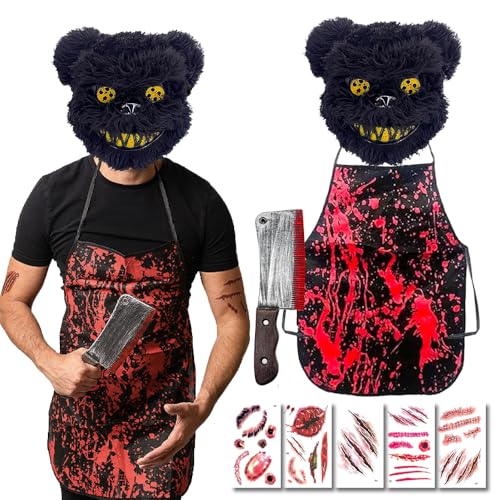 Yi'antai Horror Bär Kostüm 8 Teiliges, Halloween Kostüm Herren, Horror Kostüm Herren, Halloween Blutige Bär Maske, Horror Kostüm Mit Blutiges Messer, Halloween Blutige Schürze, Narben Tattoos von Yi'antai